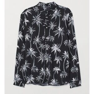 H&M Button Up Shirt Men's XL Black White Palm Print Collared Long Sleeve NWT